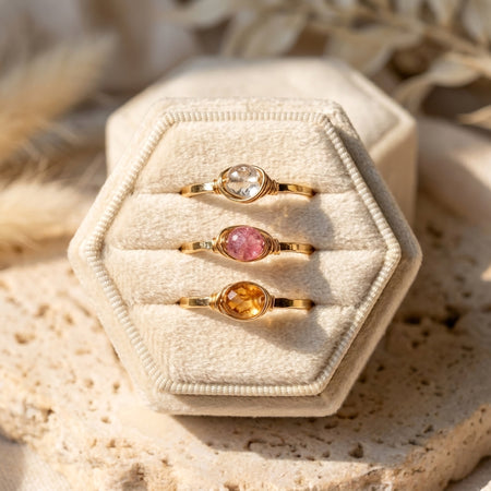 Dainty tourmaline stacking ring set gold filled in ring box gemstones in pink peach and clear colors with wire wrapped settings