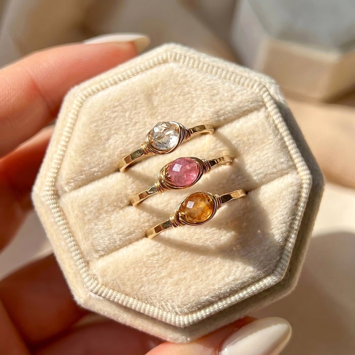 Dainty pink tourmaline stacking ring three piece set gold filled alternate view