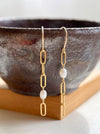 Paperclip chain and pearl mismatched drop earrings on model 14k gold filled vertical view