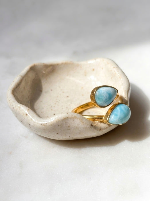 Gold larimar adjustable teardrop two stone ring alternate side view