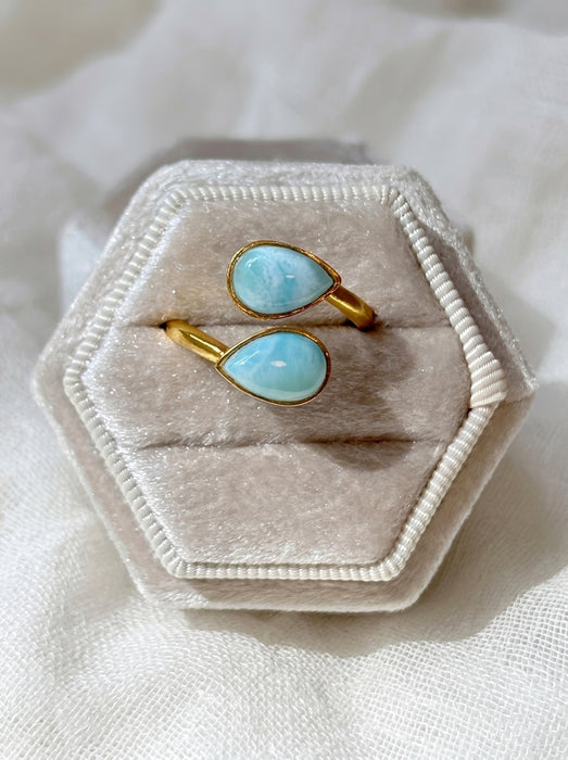Gold larimar adjustable teardrop two stone ring in ring box