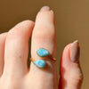 Gold larimar adjustable teardrop two stone ring on hand alternate view