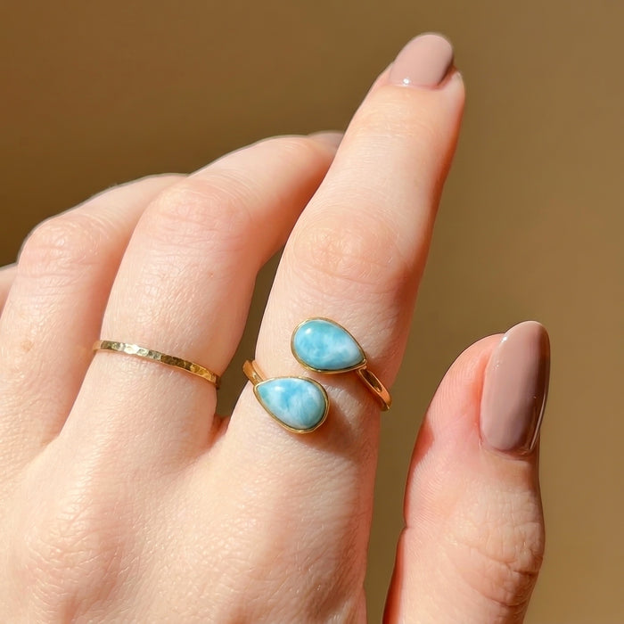 Larimar adjustable teardrop two stone ring on hand 14k gold plated