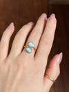 Larimar adjustable teardrop two stone ring on hand 14k gold plated