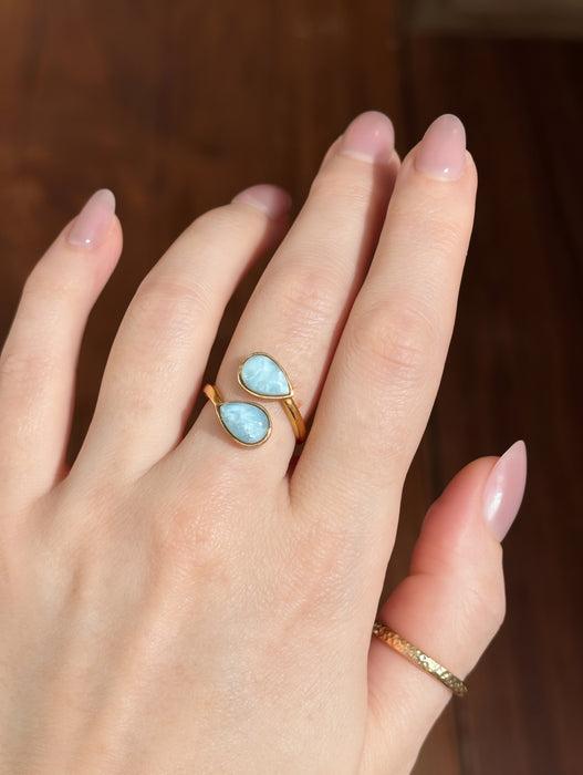 Larimar adjustable teardrop two stone ring on hand 14k gold plated