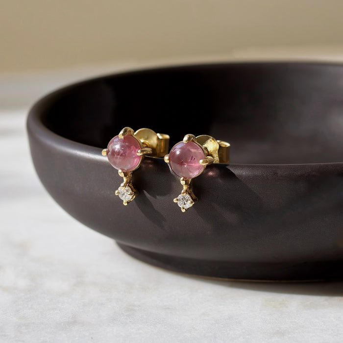 Dainty pink tourmaline and white topaz stud earrings gold vermeil angle view