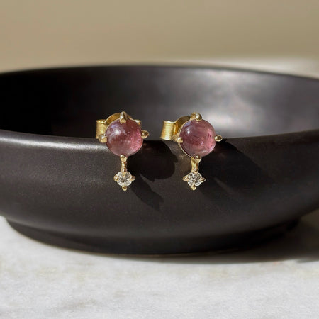 Dainty pink tourmaline and white topaz stud earrings gold vermeil