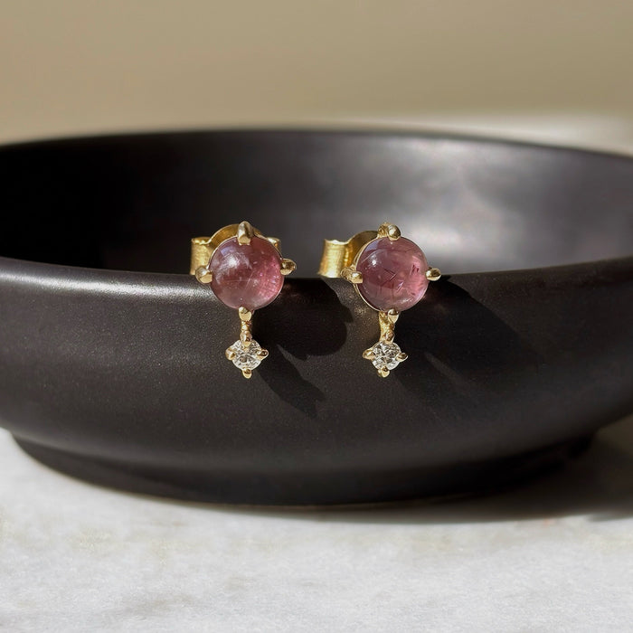 Dainty pink tourmaline and white topaz stud earrings gold vermeil