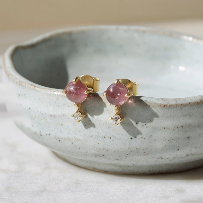 Dainty pink tourmaline and white topaz stud earrings gold vermeil alternate view