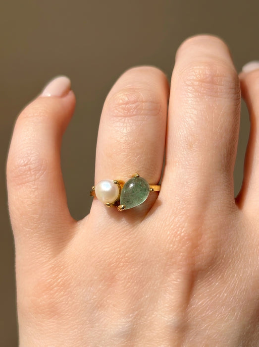 Green jade teardrop pearl toi et moi ring grade a jadeite gold vermeil on hand