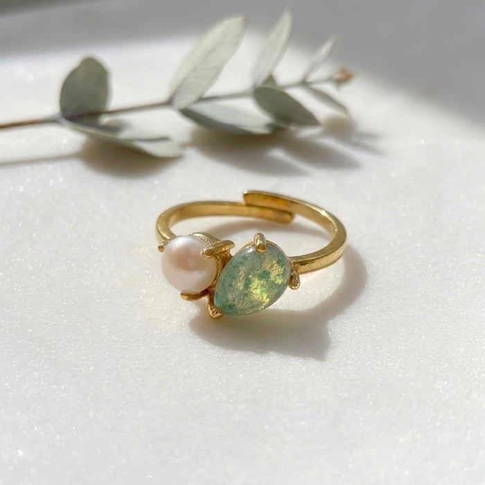 Green jade teardrop pearl ring grade a jadeite gold vermeil angle view