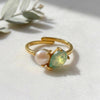 Green jade teardrop pearl toi et moi ring grade a jadeite gold vermeil
