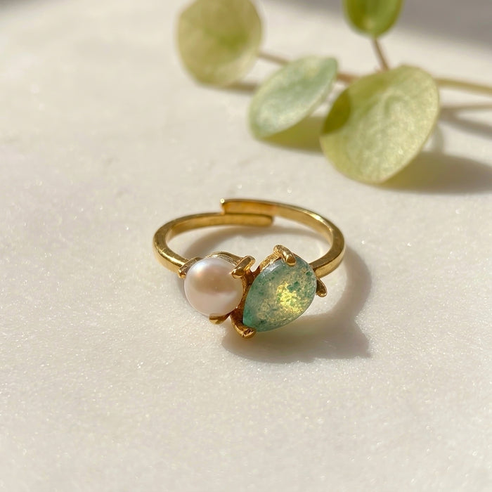 Green jade teardrop pearl ring grade a jadeite gold vermeil warm light