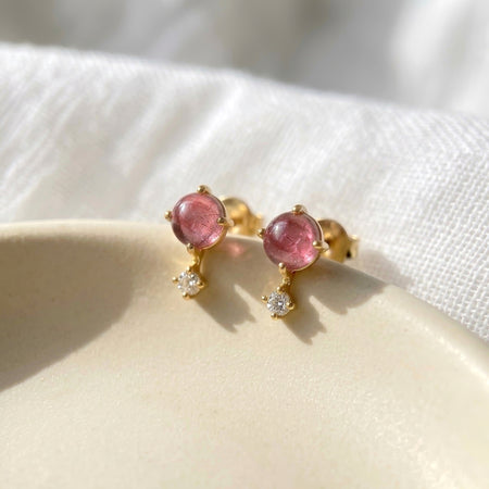 Pink tourmaline natural gemstone two stone cluster stud earrings gold vermeil