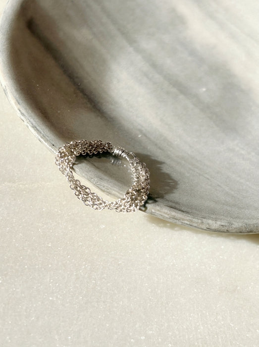 Pinky ring dainty layered chain ring sterling silver on ceramic dish