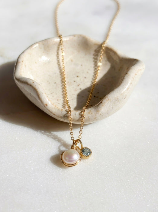 Dainty pearl and aquamarine two charm pendant necklace solid 14k gold