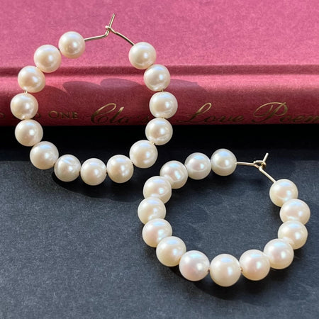 Handmade Large Gold Filled Freshwater Pearl Hoop Earrings Front View