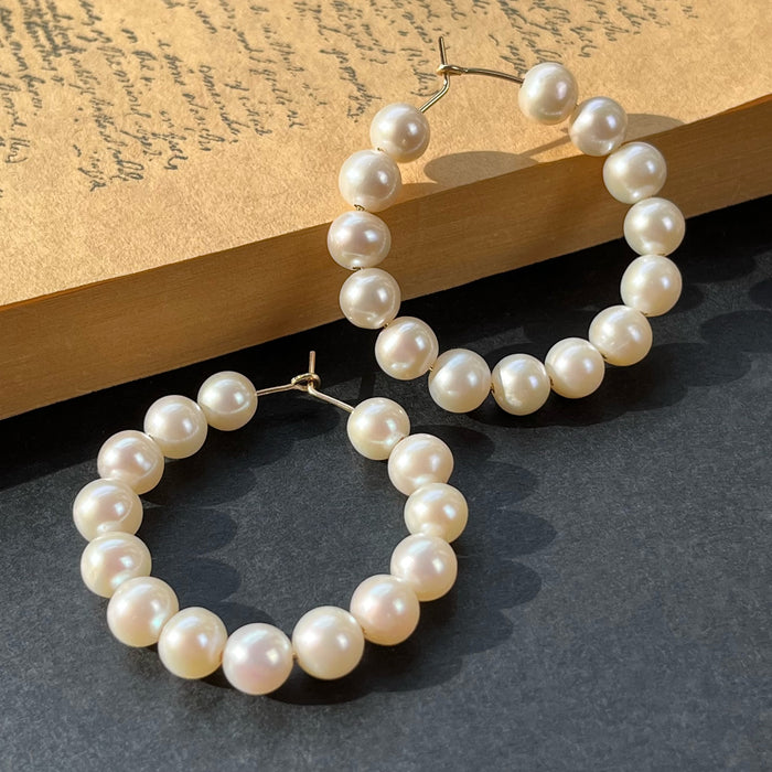 Handmade Large Gold Filled Freshwater Pearl Hoop Earrings Top Angle View