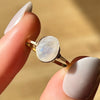 Blue flash moonstone floating oval wire wrapped ring gold filled close up