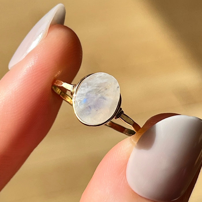 Blue flash moonstone floating oval wire wrapped ring gold filled close up