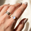 Blue flash moonstone floating oval wire wrapped ring gold filled on hand