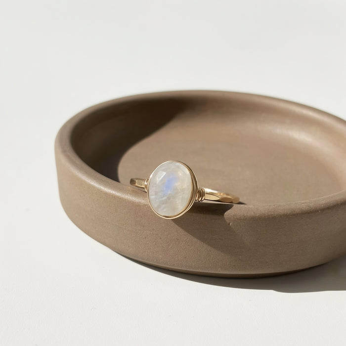 Blue flash moonstone floating oval wire wrapped ring gold filled
