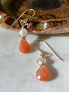 Peach moonstone pearl gold drop earrings 14k gold filled vertical view