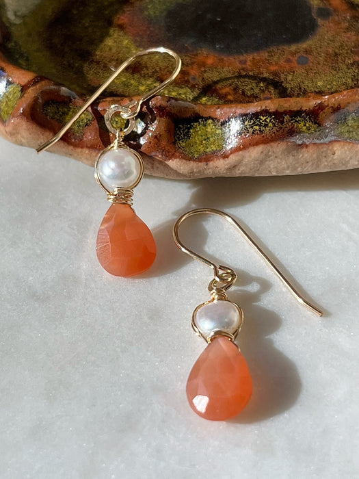 Peach moonstone pearl gold drop earrings 14k gold filled vertical view