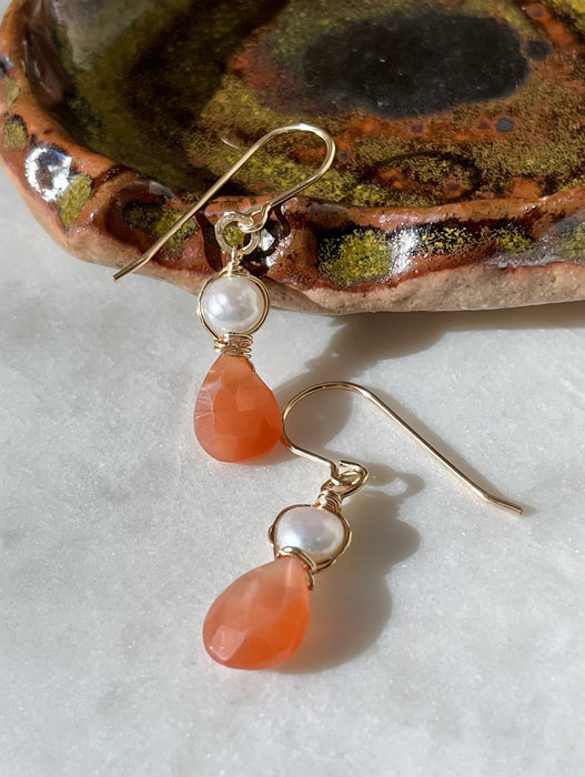 Peach moonstone pearl gold boho drop earrings 14k gold filled alternate view