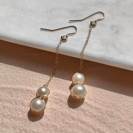 Handmade Gold Filled Freshwater Pearl Drop Earrings Beige Background