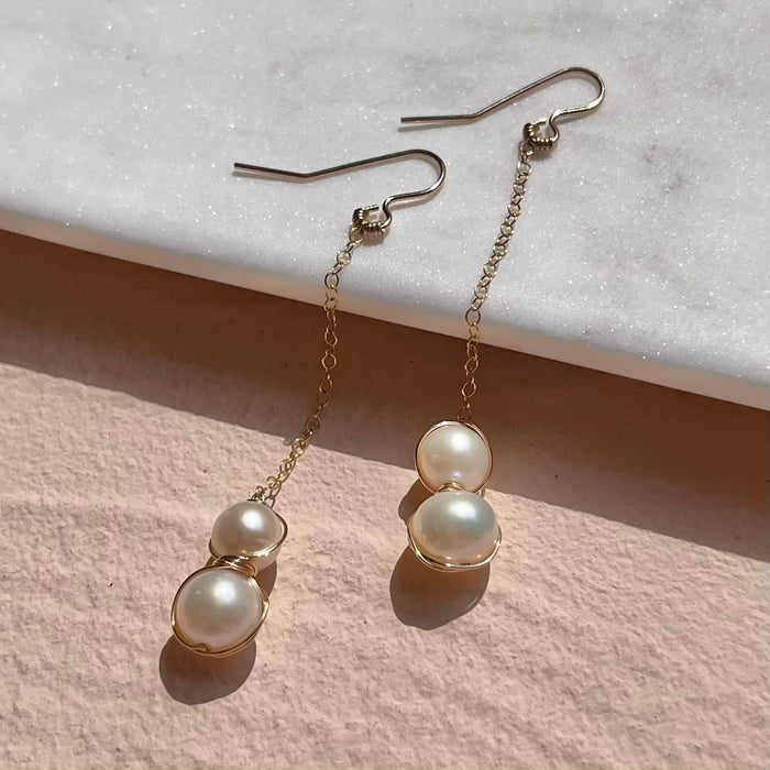 Handmade Gold Filled Freshwater Pearl Drop Earrings Beige Background