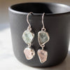 Raw rose quartz and aquamarine two stone drop earrings sterling silver hanging