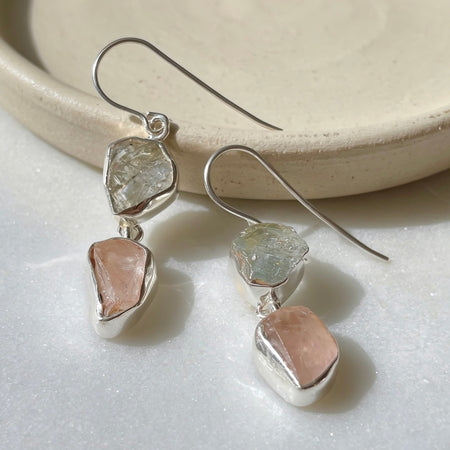 Raw rose quartz and aquamarine two stone drop earrings sterling silver
