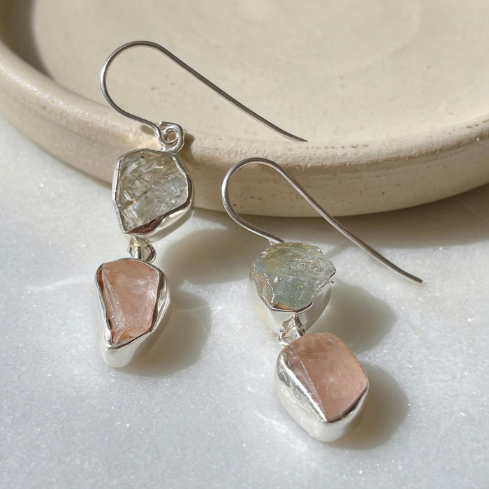 Raw rose quartz and aquamarine two stone drop earrings sterling silver