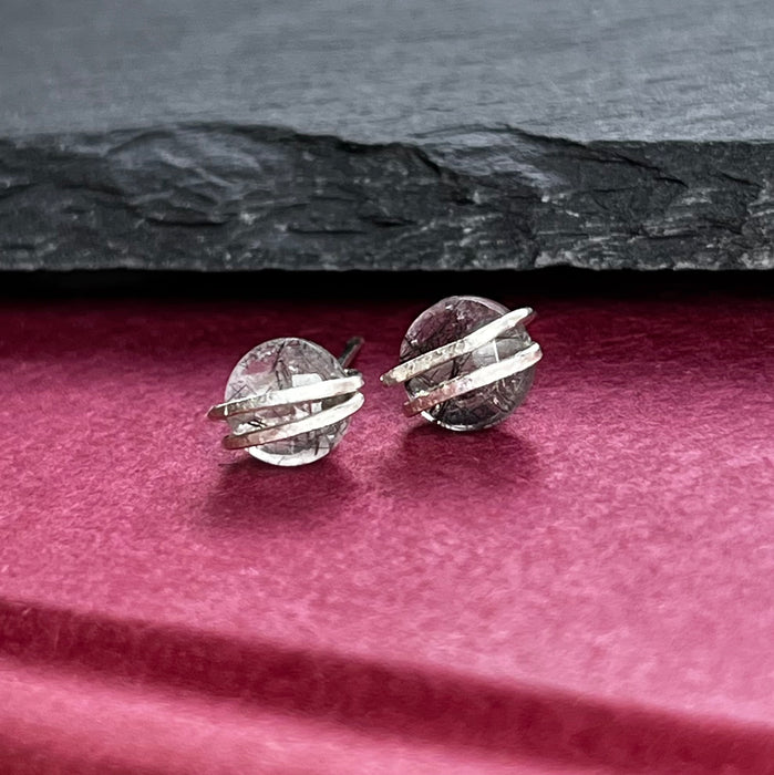 Rutilated Quartz Sterling Silver Handmade Stud Earrings Pink Background