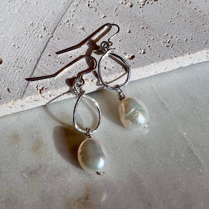 Handmade Sterling Silver Chubby Baroque Pearl Drop Earrings