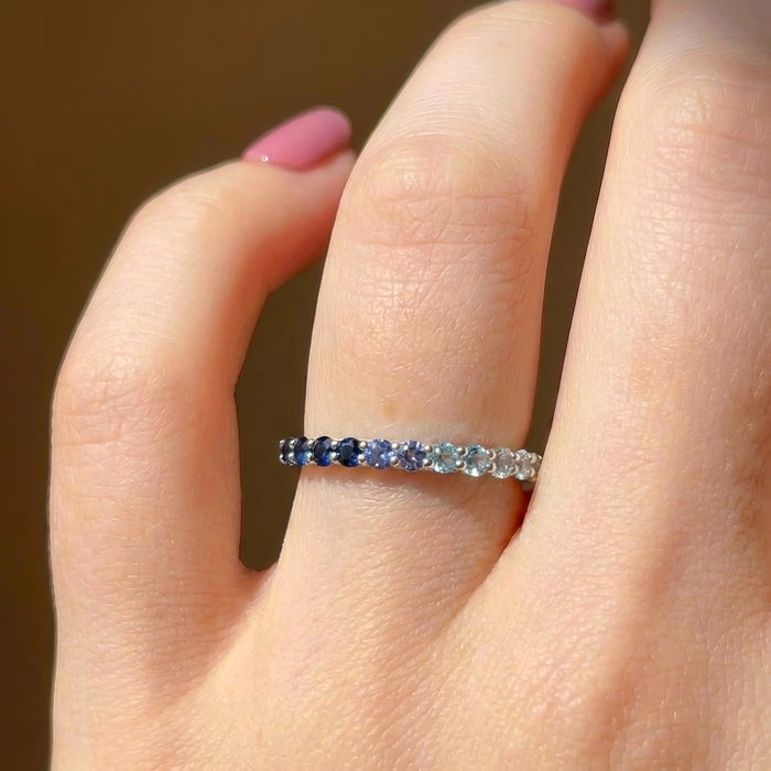 Ombre blue natural gemstone dainty eternity band sterling silver