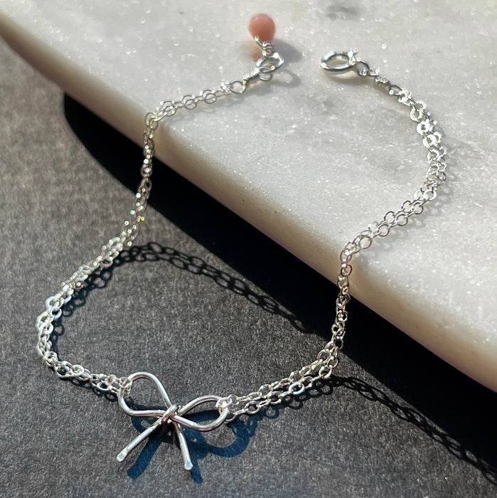 Sterling Silver Dainty Bow Gemstone Bracelet Front Angle View
