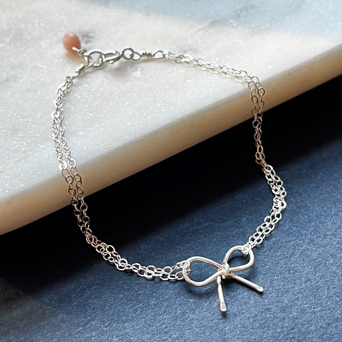 Sterling Silver Dainty Bow Gemstone Bracelet Front View