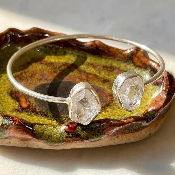 Raw clear quartz or crystal quartz solid sterling silver chunky two stone natural crystal open adjustable cuff wrap bracelet front view