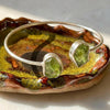 Raw peridot solid sterling silver chunky two stone natural crystal open adjustable cuff wrap bracelet front view