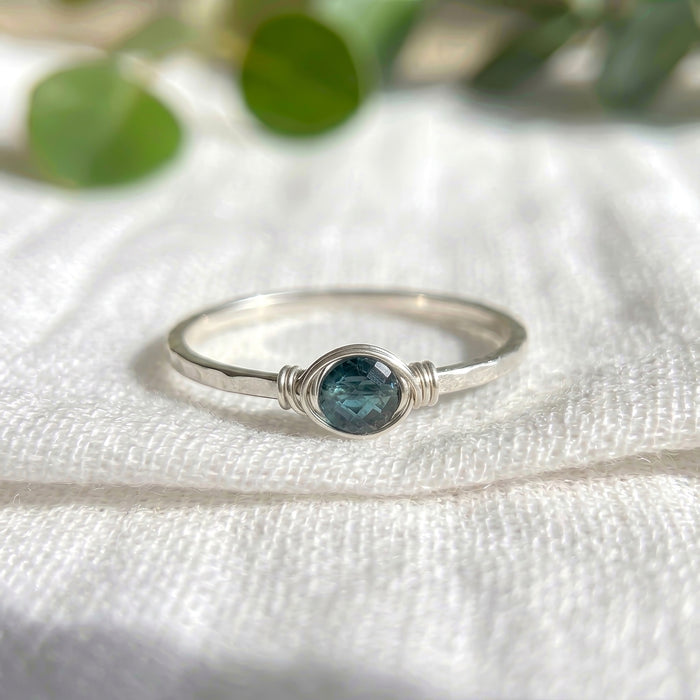 London blue topaz dainty wire wrapped bezel stacking ring sterling silver