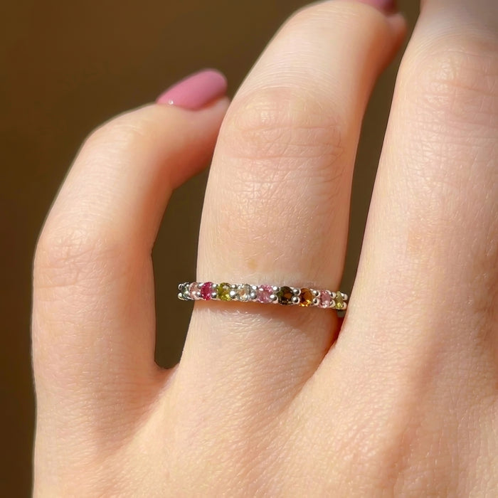 Ombre multi natural gemstone dainty eternity band sterling silver