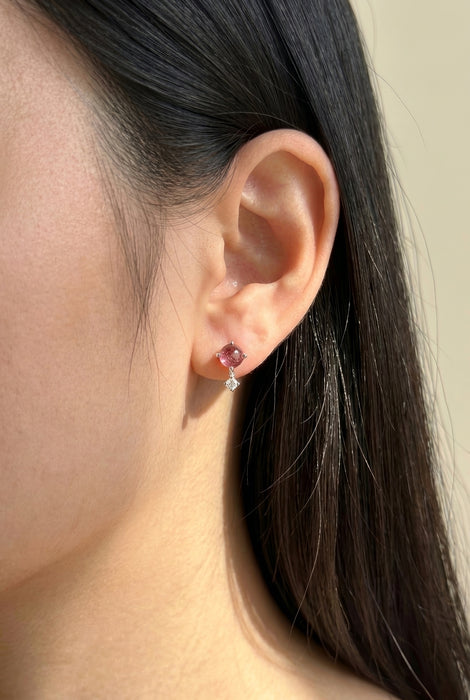 Pink tourmaline two stone cluster stud earrings sterling silver on model