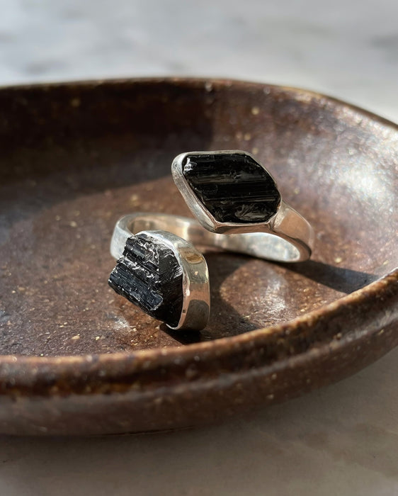 Two stone raw black tourmaline adjustable ring sterling silver angle view