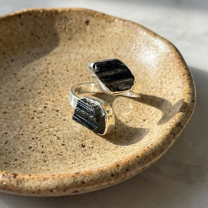 Sterling Silver Raw Black Tourmaline Adjustable Two Stone Ring