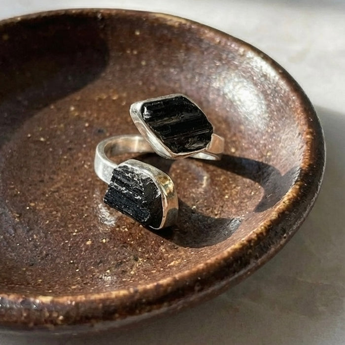 Sterling Silver Raw Black Tourmaline Adjustable Two Stone Ring