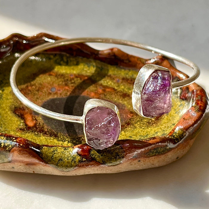 Raw amethyst solid sterling silver chunky two stone natural crystal open adjustable cuff wrap bracelet front view