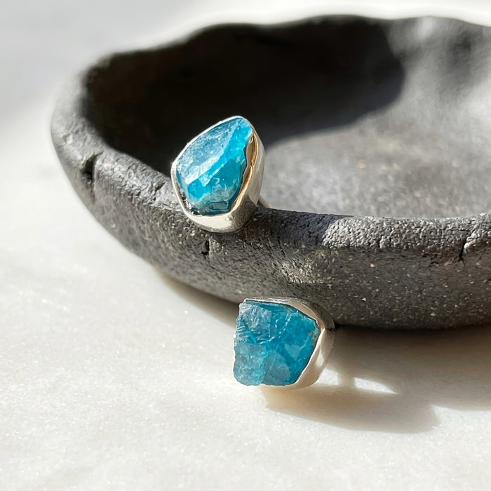 Raw Sky Apatite Teal Stud Earrings, Sterling Silver