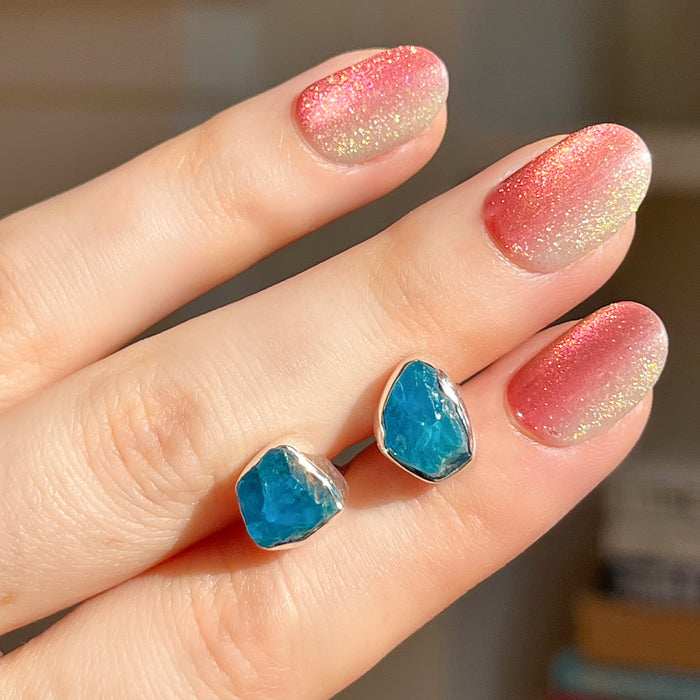 Sterling Silver Raw Sky Apatite Teal Natural Gemstone Stud Earrings